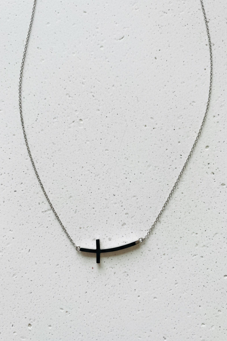 Curved Cross Necklace - Silver