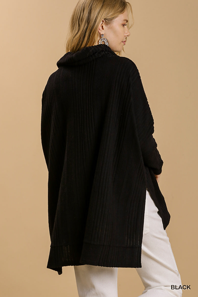 Ribbed Knit Long Sleeve Cowl - Black