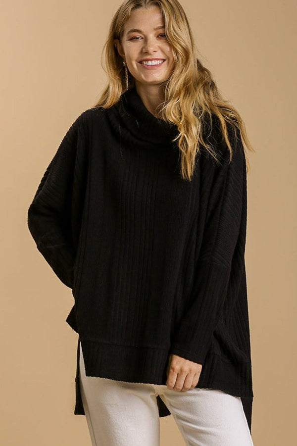 Ribbed Knit Long Sleeve Cowl - Black