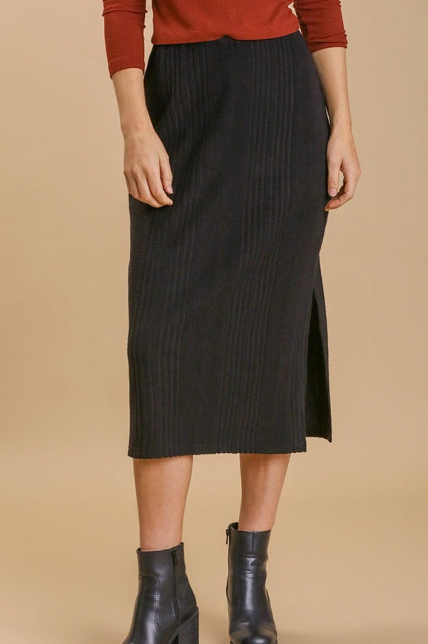 Ribbed Knit Midi Skirt - Black