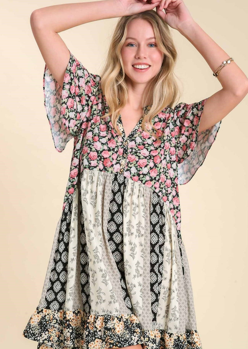 Flutter Sleeve Mix Print Dress - Black
