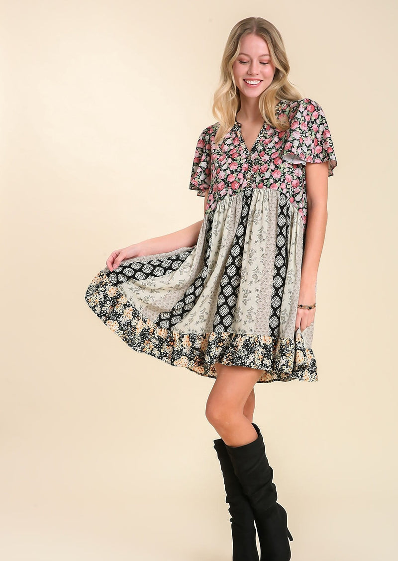 Flutter Sleeve Mix Print Dress - Black