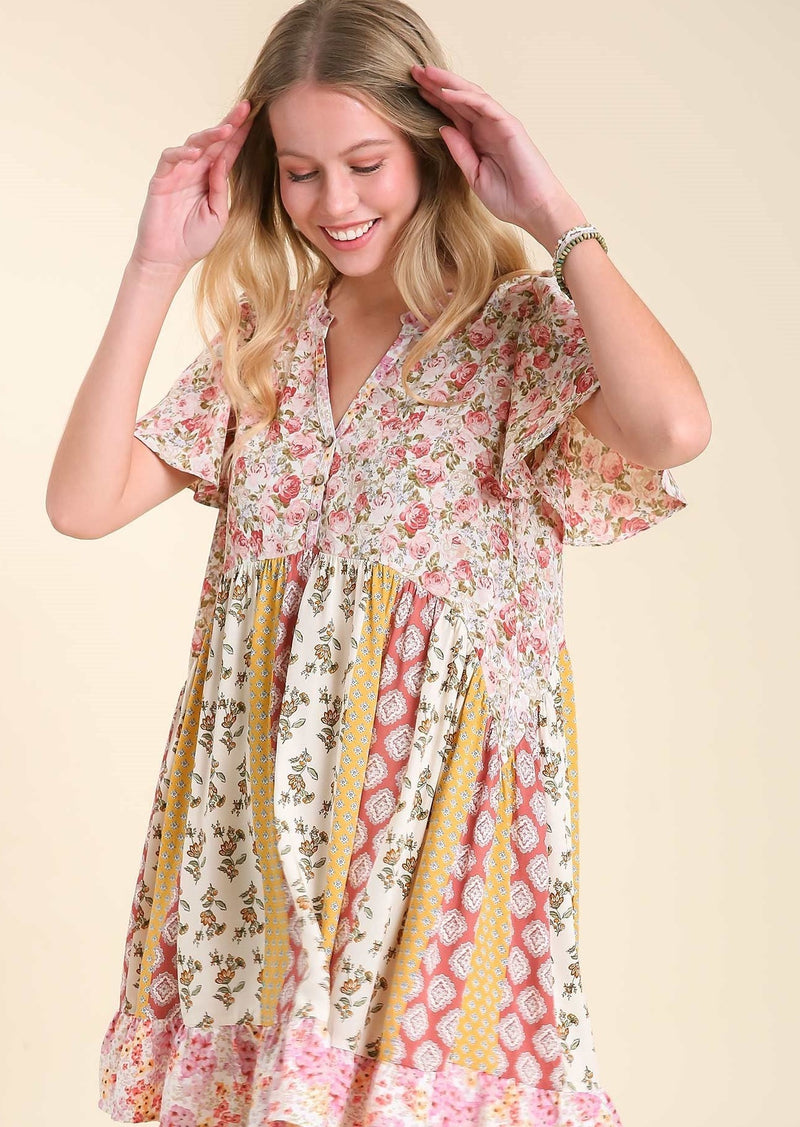Flutter Sleeve Mix Print Dress - Blush