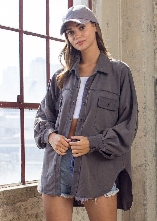 French Terry Vintage Shacket - Charcoal