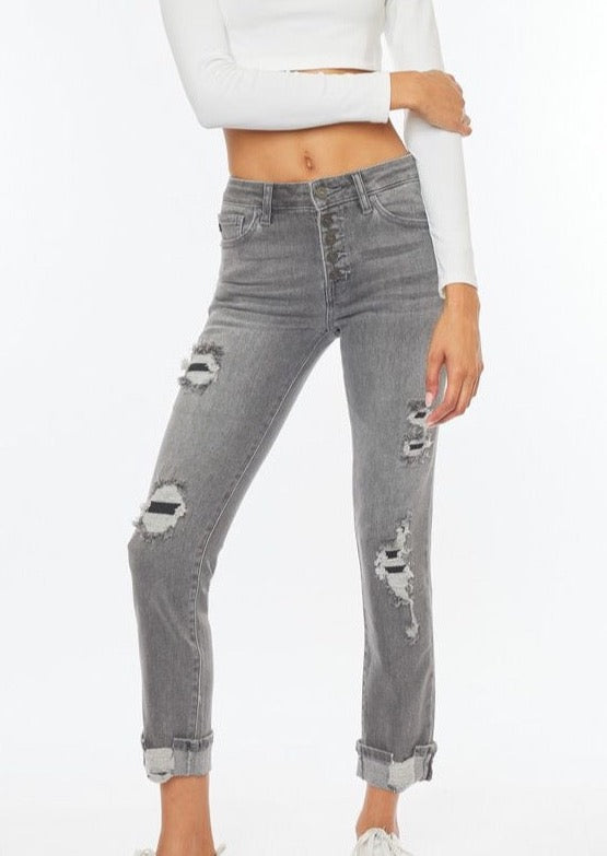 Olivia Cuffed Distressed Jeans - Light Grey